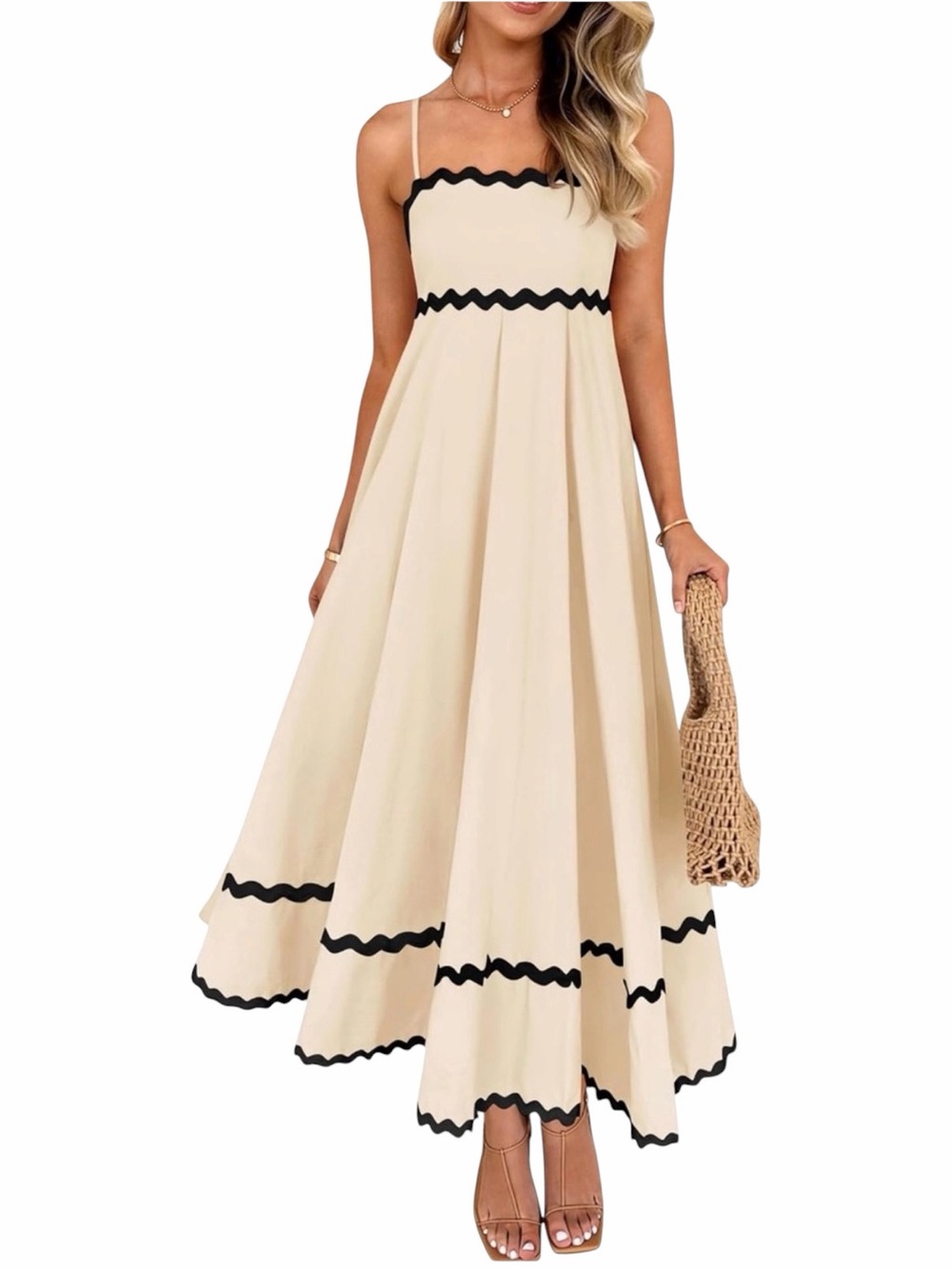 Cream Maxi Dress with Black Scallop Trim - Women's Summer Maxi